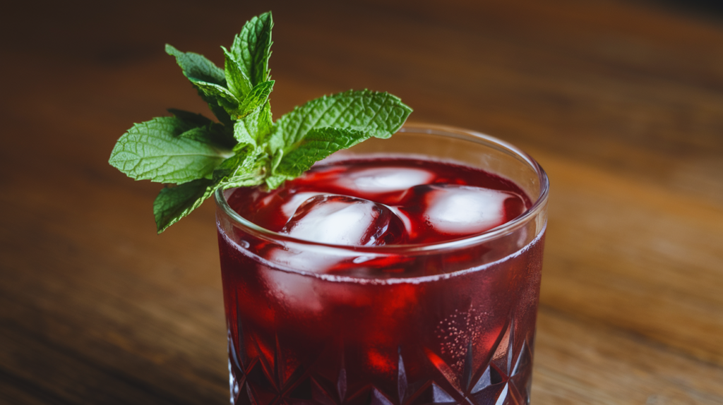 a glass with a drink and a leaf on top