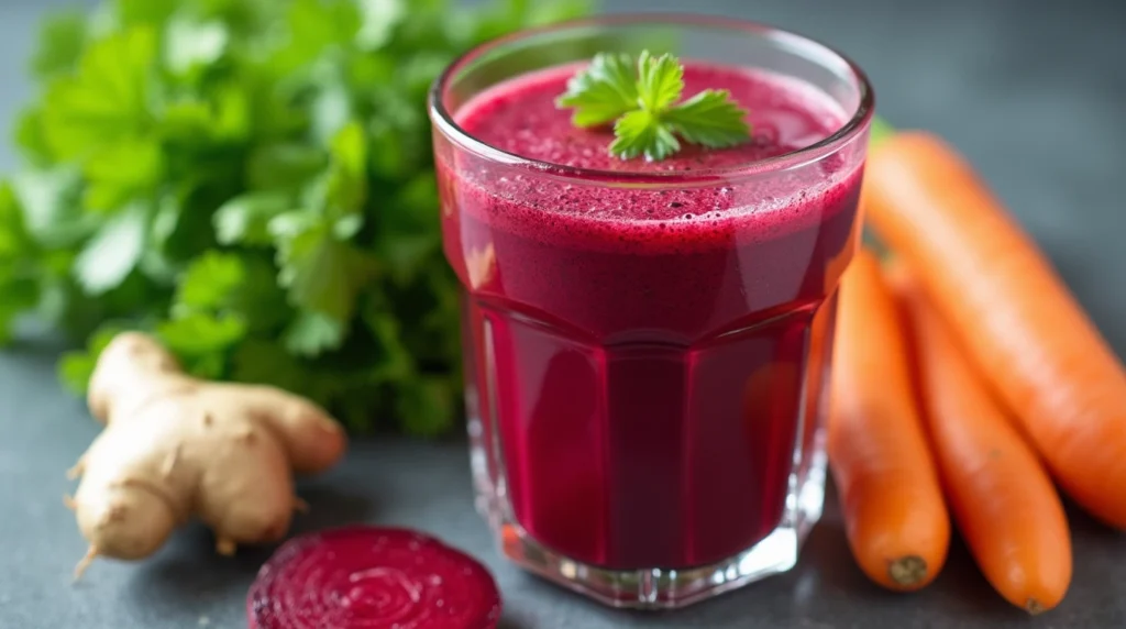 A vibrant glass of natural cleansing elixir made with beetroot, ginger, carrots, and parsley.