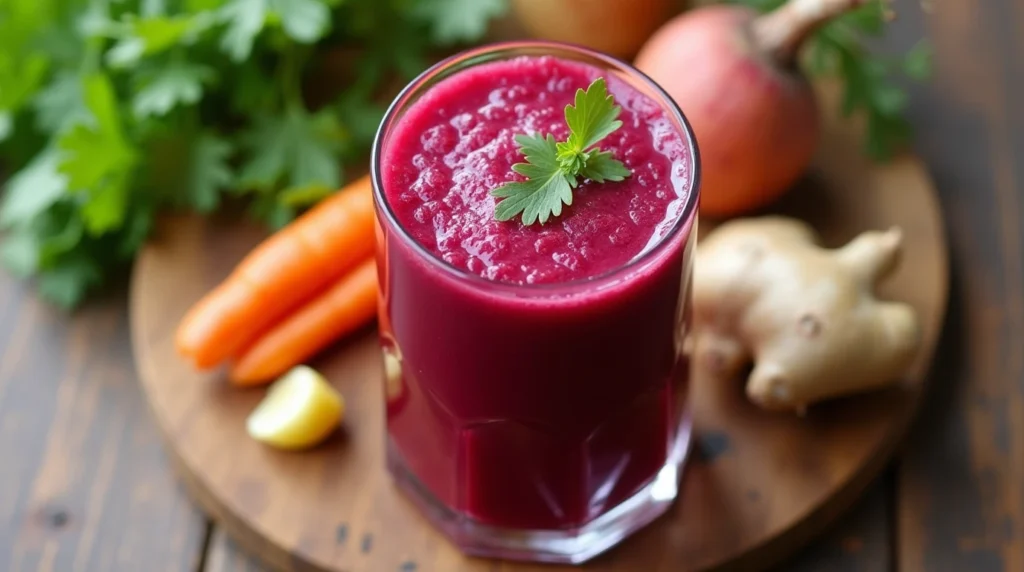A vibrant glass of natural cleansing elixir made with beetroot, ginger, carrots, and parsley.